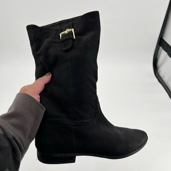 ALDO Black Leather Round Toe gold buckle Pull On Mid Calf Boots Women’s Size 10 - Picture 8 of 9